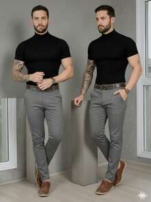Men's Smart Casual Trousers, Premium Satin Fabric, Tailored Style, Welt Pockets - 灰色 - 查看 3