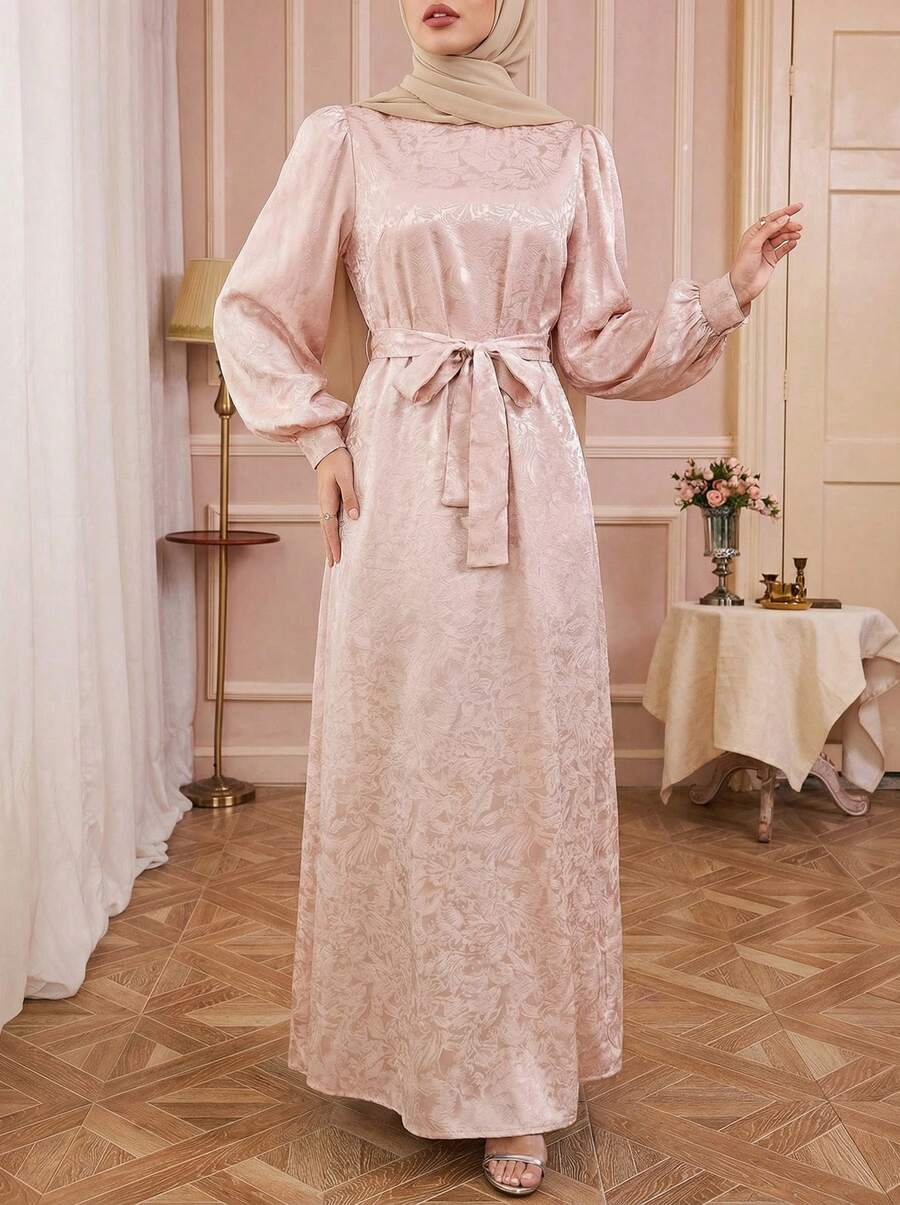 Solessence 女士优雅扭腰圆领长袖提花连衣裙，派对礼服，阿拉伯风格连衣裙，新年礼服，情人节粉色连衣裙 - 粉色 - 查看 1