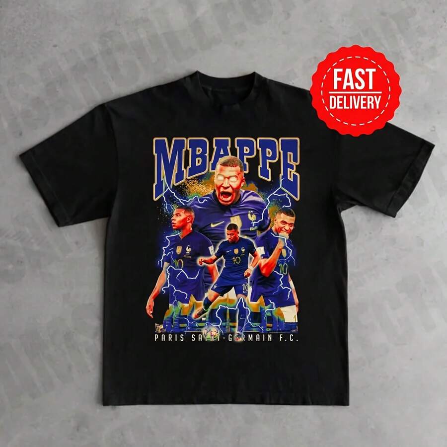 Bootleg Football Tee Vintage Kylian T-Shirt Y2K Shirt Custom Vintage DesignA Soccer Fan Gift - 黑色 - 查看 1