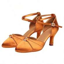 1 Pair Latin Dance High Heels, Rhinestone Silk Soft Bottom Low-Top Standard Cha Cha Rumba Training Performance Dance Shoes - Brown - View 8