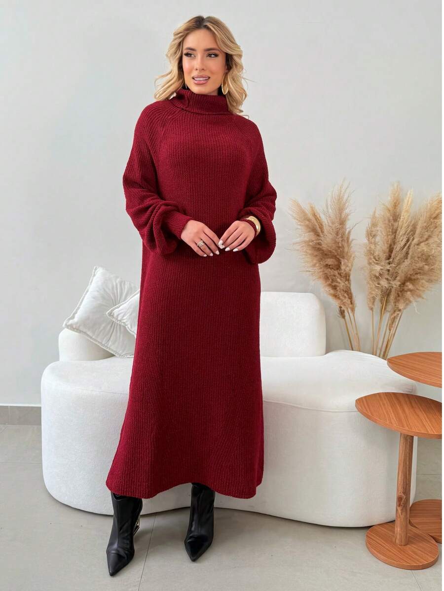 Women's Marsala Winter Dress, Long Sleeve, Premium Mousse Knit, High Neck, Puff Sleeves, Flanged Stitch, Cutout Detail, Elegant Women's Dresses, Casual Chic Fashion For Evening, Comfortable Fit, Modern Design, Autumn/Winter - 紅木色 - 查看 1