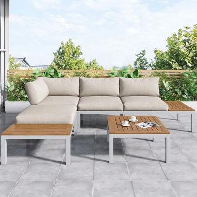 Garten-Loungesessel-Set, Gestell Aus Verzinktem Stahl, (2x Zweisitzer, 2x Beistelltische, 1x Tisch), Akazienholzplatte, Stoffbezug Zur Bespannung Der Rückenlehne, Beige(Previous Sku:HW00005AAW)