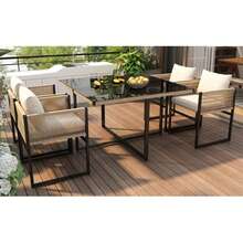 5-Piece Garden Dining Set, 1 Dining Table & 4 Stackable Chairs, Fine Rope & Iron Construction, 5mm Thick Safety Glass Tabletop, Outdoor Seating Group - Beige+Black - View 6