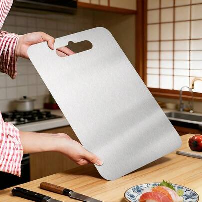 1pc Double-Sided Stainless Steel Cutting Board - Heavy Duty Kitchen Chopping Board, Waterproof Surface, Easy To Clean - Suitable For Home, Camping, Holidays - Large Meat And Vegetable Cutting Board, Holiday Cooking Supplies, Stylish Metal Design, Durable Kitchen Tool, Home Cooking, Modern Kitchen, Easy To Clean, Outdoor Enthusiasts