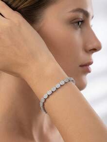 1 Set Luxury Elegant Cubic Zirconia Inlaid Oval Design Bracelet, Suitable For Women's Wedding & Party Wear, Excluding Gift Box - Silver - View 7