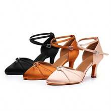 1 Pair Latin Dance High Heels, Rhinestone Silk Soft Bottom Low-Top Standard Cha Cha Rumba Training Performance Dance Shoes - Brown - View 2