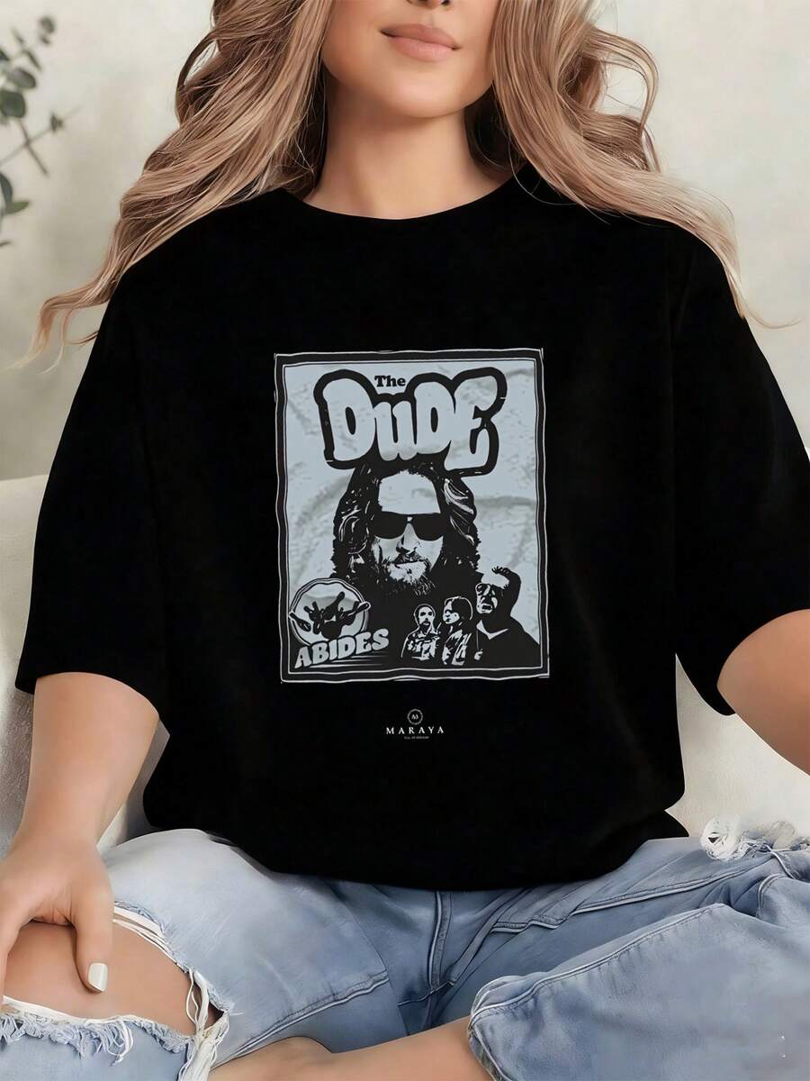 Camisetas Dama Ajustada Elegantes Fiesta 100% Algodón Negro Estilo Vintage Pelicula El Gran Lebowski Rostro De The Dude Con Lentes De Sol Texto Abides Y Pinos De Boliche Estilo Retro Para Fanaticos Del Cine Culto - Negro - Ver 1