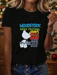 tops básicos playeras para mujer tops & blusas & camisetas de mujer crop tops de dama negro estilo retro festival  paloma símbolo de paz colores vibrantes evento histórico espíritu de libertad público juvenil amante de la música - Negro - Ver 1