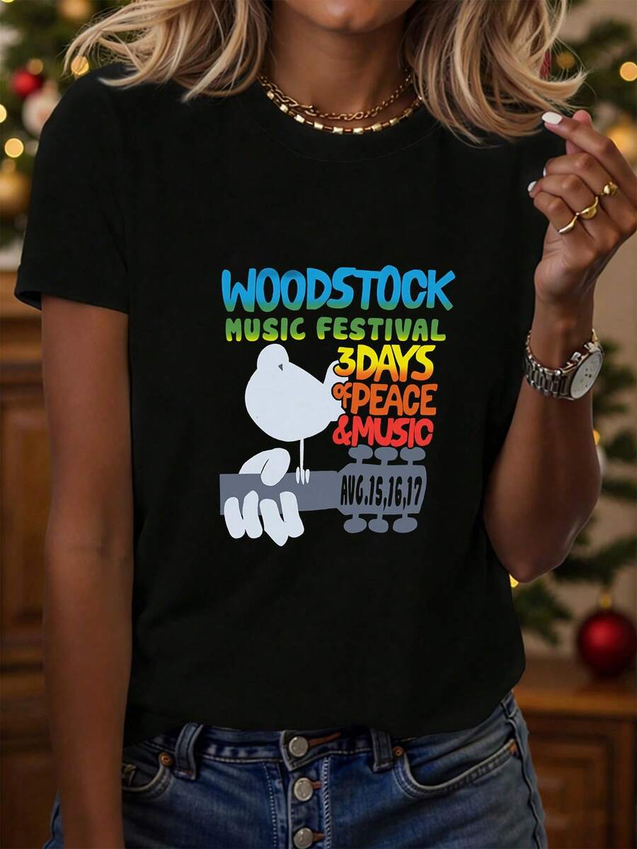 tops básicos playeras para mujer tops & blusas & camisetas de mujer crop tops de dama negro estilo retro festival  paloma símbolo de paz colores vibrantes evento histórico espíritu de libertad público juvenil amante de la música - Negro - Ver 1