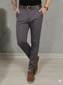 Men's Smart Casual Trousers, Premium Satin Fabric, Tailored Style, Welt Pockets - 深灰色 - 查看 5