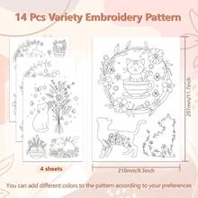 4 hojas de estabilizador de bordado hidrosoluble para pegar y coser, 14 piezas de patrones de bordado pre-impresos con gatos y flores para principiantes - A - Ver 2
