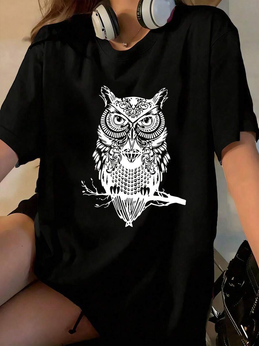 Tops Niños Básicos Deportivo Cuello Redondo Puro Algodón Negro estilo tema búho blanco diseño simétrico intrincado mirada intensa sobre rama público objetivo jóvenes amantes de la naturaleza y estilo bohemio perfecto para salidas casuales o reuniones relajadas - Negro - Ver 1