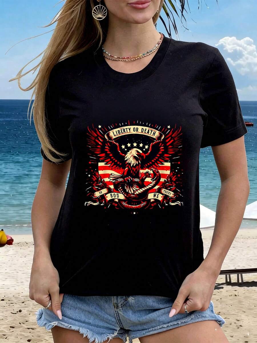 Camiseta De Manga Corta Casual De Cuello Camiseta De Con Estampado Negro estampado águila estadounidense alas abiertas fondo bandera texto liberty or death actitud desafiante serpiente enrollada escena patriótica fans rock estilo rebelde playa - Negro - Ver 1