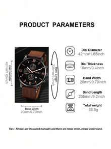 LIANDU LIANDU 一套男士手表，带日历功能，休闲、运动、时尚，工业风圆形表盘石英表，朋克风表带套装，PU编织环绕式腕带，适合日常佩戴，也是理想的礼物（无包装盒） - 棕色 - 查看 6