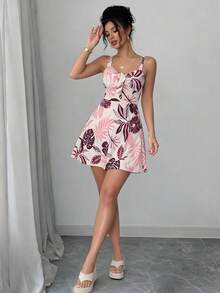 Women's Mini Dress, Loose Fit, Tropical Print, Blue, With Tie At The Bust, Adjustable Thin Straps, V-Neck, Defined Waist, Flared Skirt, Casual, Elegant, Summer, Beachwear, Travel, Vacation, Lightweight And Comfortable Look - 白葡萄酒 - 查看 4