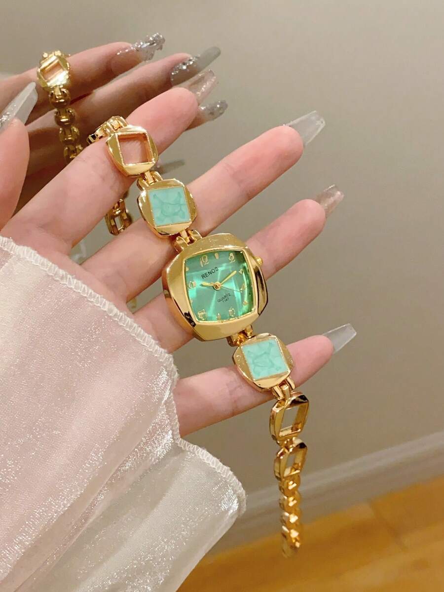 1件女款金色合金不規則手鍊手錶,時尚阿拉伯數字錶盤,石英機芯,可調節錶帶,適合日常裝飾 - 綠色 - 查看 1