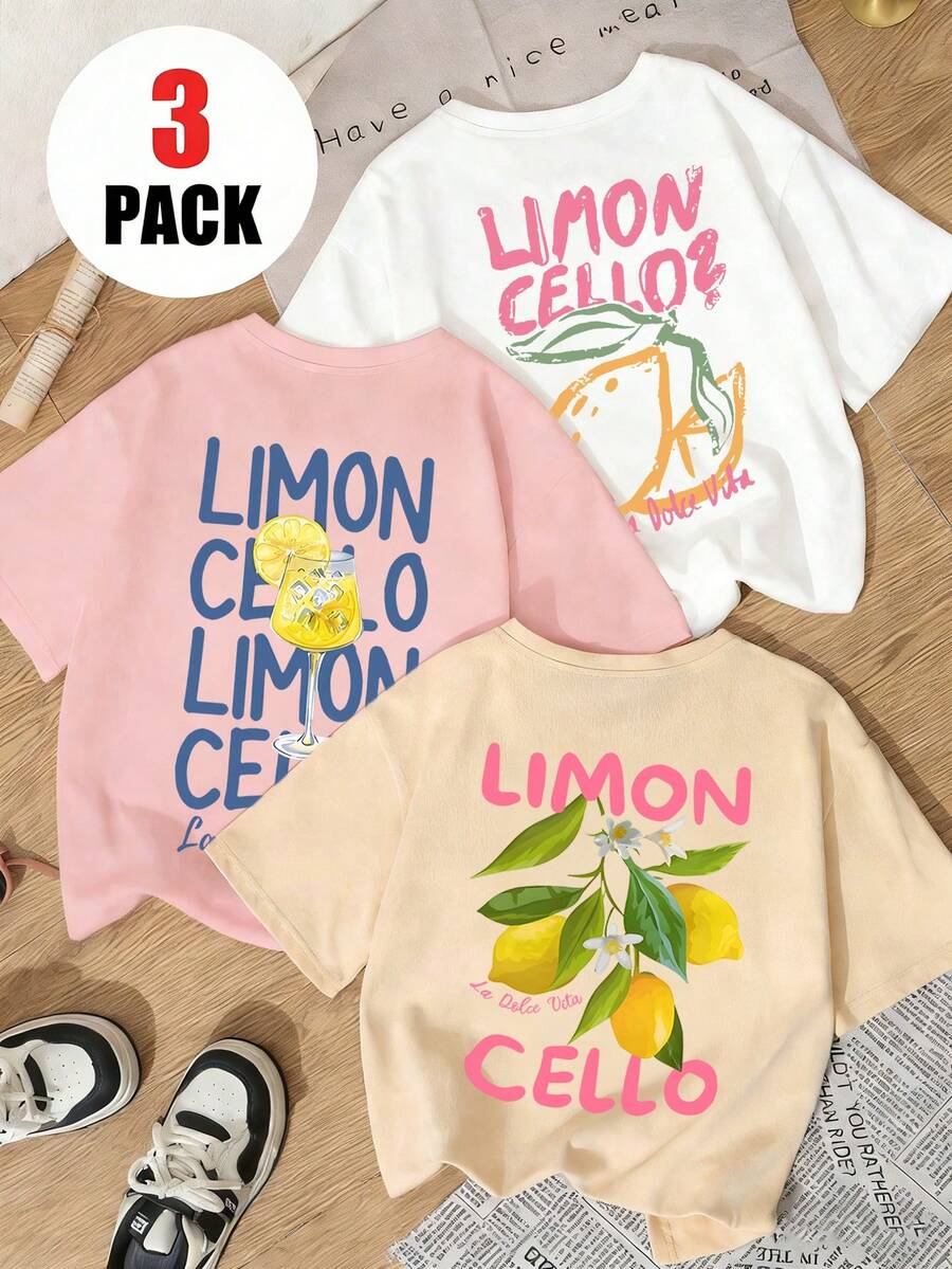3件套女士休闲彩色字母柠檬“LIMON CELLO”印花圆领短袖T恤套装，时尚百搭，适合女士日常上衣、假日休闲、春夏季节穿着。
