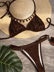 Women's Lined Bikini With Tape For Tan Lines, Summer Thong Style, Adjustable Triangle Top, Beachwear - 鏽棕色 - 查看 1