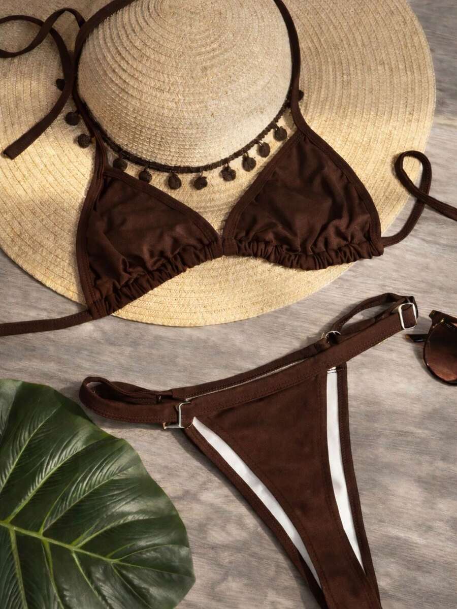 Women's Lined Bikini With Tape For Tan Lines, Summer Thong Style, Adjustable Triangle Top, Beachwear - 鏽棕色 - 查看 1