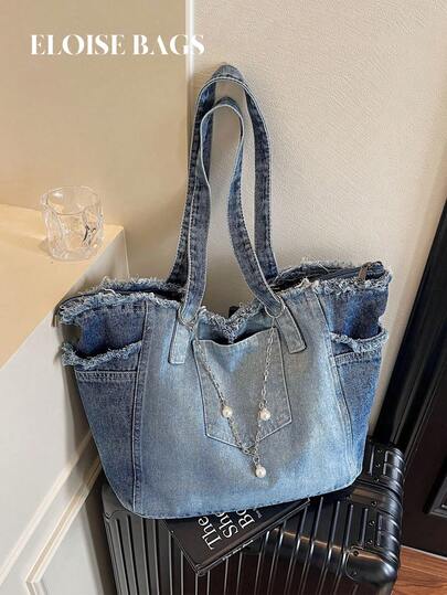 New Denim Fabric Large Capacity Tote Bag, Casual Versatile Shoulder Handbag, Underarm Carry Bag, Student School Bag