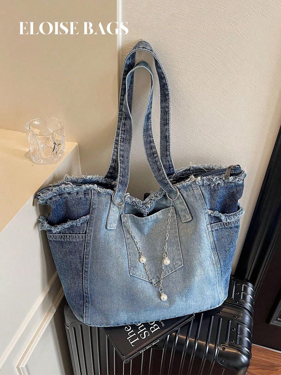 New Denim Fabric Large Capacity Tote Bag, Casual Versatile Shoulder Handbag, Underarm Carry Bag, Student School Bag - Blue - View 1