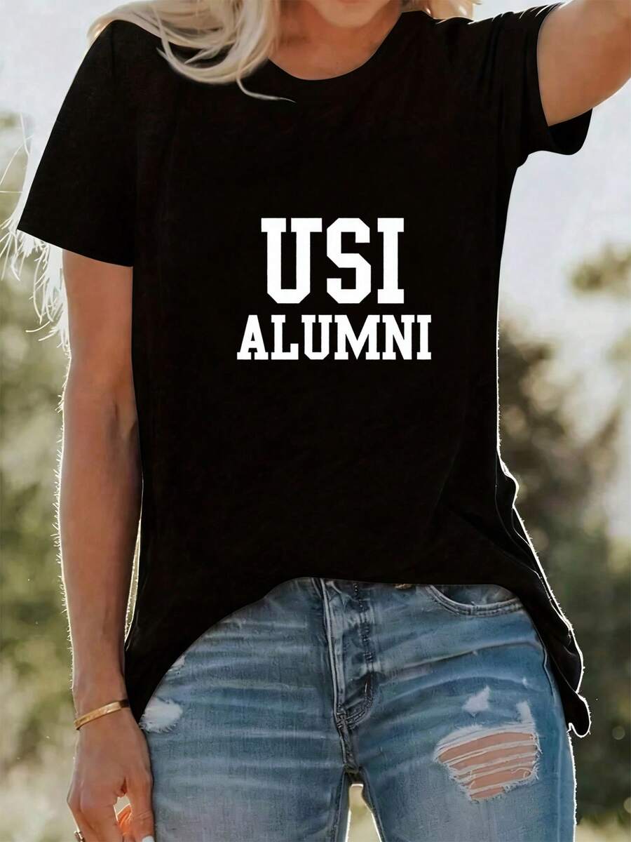 Playeras Hombre Oversize Casual Verano Algodón Peinado Holgada Negro estampado tipográfico universitario USI Alumni letras blancas estilo campus americano ideal para estudiantes egresados amantes de moda casual colegial - Negro - Ver 1
