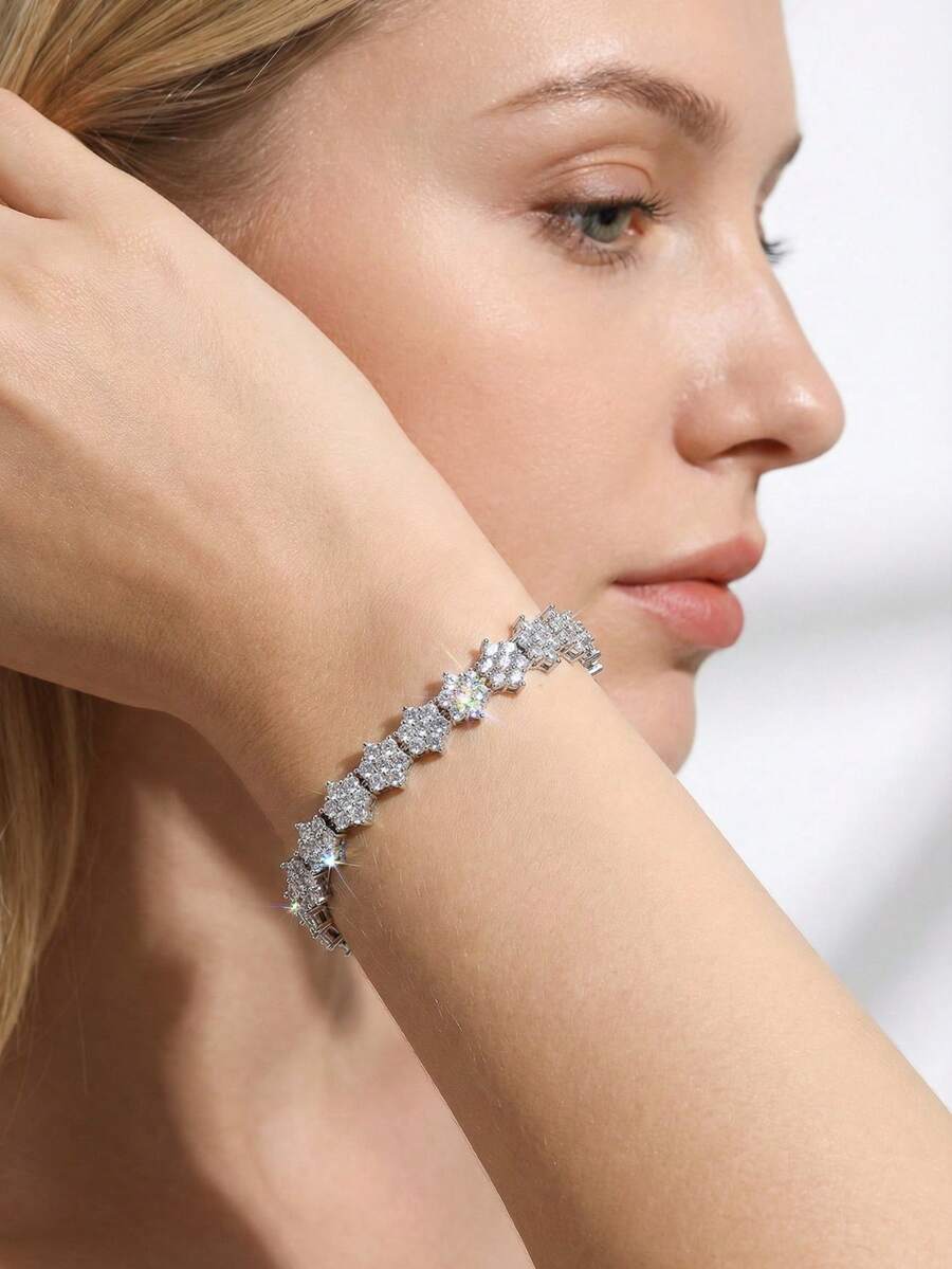 1 Set Luxury Elegant Cubic Zirconia Inlaid Hexagram Design Bracelet, Suitable For Women's Wedding & Party Wear, Excluding Gift Box - Silver - View 1