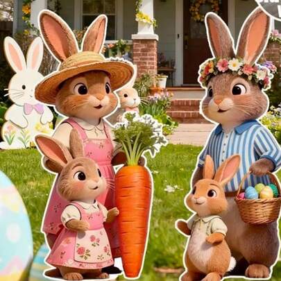 Letrero de jardín de acrílico plano 2D de la familia del conejito de Pascua, con temática de zanahoria y huevo, decoración de jardín y fiesta de primavera al aire libre, marcador de césped de Pascua, decoración de jardín festiva, letrero de jardín de Pascua, decoración de Pascua para el hogar, señalización de Pascua, decoración de césped festiva, accesorio de exhibición festiva, decoración festiva alegre