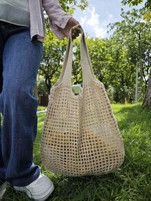 钩针编织手提包 - 大容量镂空设计，固定肩带，无内衬涤纶手提包 - 旅行、上学和日常使用的理想之选，学生手提包 | 简约手提包 | 时尚镂空针织女士休闲包，女士购物袋，母亲节礼物，毕业礼物，适合大一、大二、大三和大四学生，适合户外活动、旅行和返校，背包，便携，大容量，可折叠，返校必备，大号大学背包，大号女士手提包 - 卡其色 - 查看 13