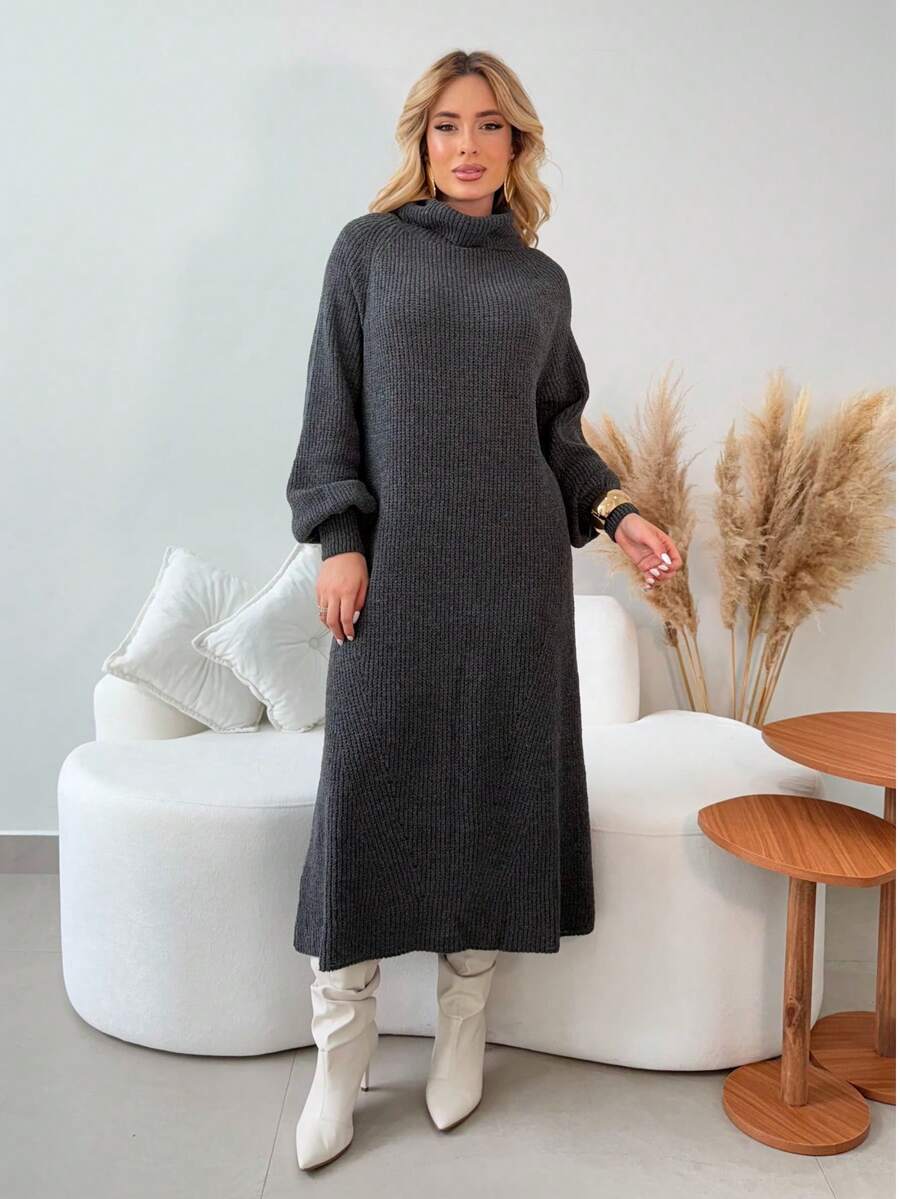 Women's Charcoal Gray Winter Dress, Long Sleeves, Premium Mousse Knit, High Neck, Puff Sleeves, Flanged Stitch Detail, Elegant Women's Dresses, Casual Chic Fashion For Evening, Comfortable Fit, Modern Design, Autumn/Winter - 鉛灰 - 查看 1