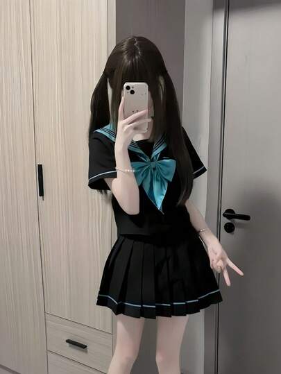 1pc JK School Uniform Short Sleeve Shirt & Pleated Skirt Set, Bow Tie Ruffle, Basic Sailor Suit For Young Girls, Suitable For Photo Shoot, Party, Cosplay, Performance