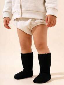 1 Pair Coral Fleece Socks, Warm Socks, Floor Socks, Baby Socks, Frill Trim Socks, Comfortable - Black - View 3