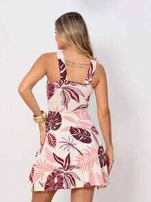 Women's Mini Dress, Loose Fit, Tropical Print, Blue, With Tie At The Bust, Adjustable Thin Straps, V-Neck, Defined Waist, Flared Skirt, Casual, Elegant, Summer, Beachwear, Travel, Vacation, Lightweight And Comfortable Look - 白葡萄酒 - 查看 3