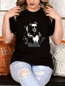 Playeras joven Oversize Deportiva Manga Corta Negro estampado estilo película personaje Terminator con gafas de sol frase I will be back arma actitud desafiante ideal para fans de ciencia ficción y cine retro - Negro - Ver 1