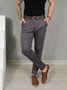 Men's Smart Casual Trousers, Premium Satin Fabric, Tailored Style, Welt Pockets - 深灰色 - 查看 10