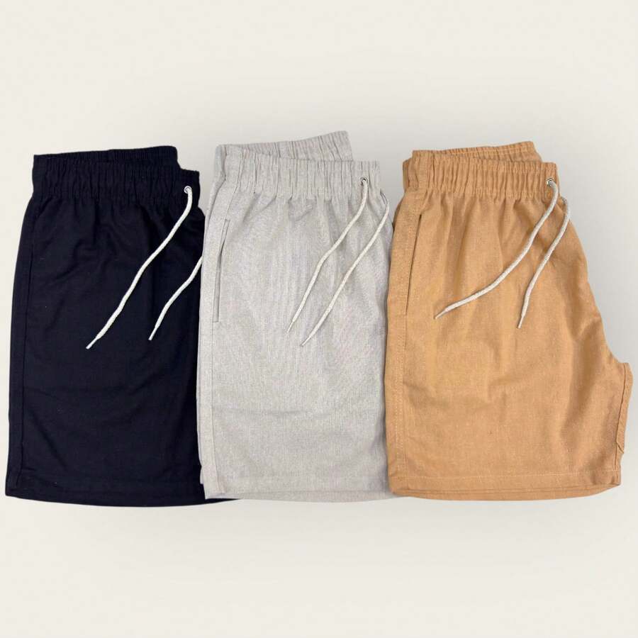 Kit 3 Premium Linen Shorts Bermuda Mauricinho Men's Casual Basic Comfortable Drawstring Waist - Màu Mù tạt vàng - Xem 1