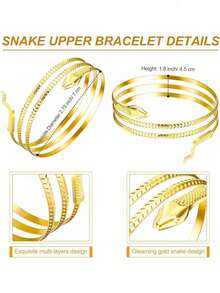 一套埃及主题服饰配饰，包括金色埃及女王头饰、金属蛇形手镯、螺旋手镯、蛇形手链，女士服饰首饰，金属材质，适合派对、婚礼、日常佩戴、工作、度假、时装秀、舞蹈等各种场合。 - 彩色 - 查看 9