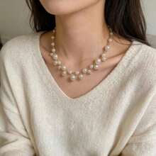 1 pieza Elegante collar de perlas falsas clásico, diseño de gargantilla elegante, versátil para uso diario, fiesta, vestido, cita, adecuado como regalo para el Día de San Valentín o el Día de la Madre - Dorado - Ver 1