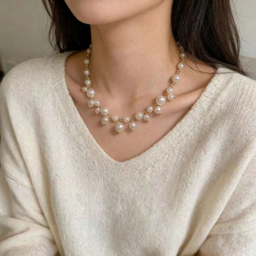 1 pieza Elegante collar de perlas falsas clásico, diseño de gargantilla elegante, versátil para uso diario, fiesta, vestido, cita, adecuado como regalo para el Día de San Valentín o el Día de la Madre - Dorado - Ver 1