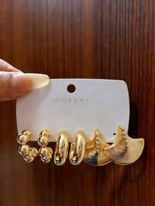 3-9 Pairs Vintage Gold-Plated Earring Set: Includes Textured Teardrop, Smooth C-Hoops, 3D Floral, And Ginkgo Leaf Designs To Meet All Wearing Occasions From Commute To Date Night To Party - Gold - View 10