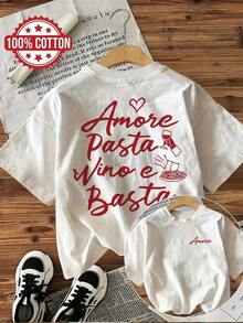 Women's Casual T-Shirt With Italian Food Print "Amore Pasta Vino E Basta" In Red Letters. - trắng - Xem 2