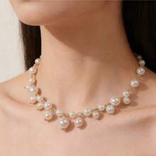 1 pieza Elegante collar de perlas falsas clásico, diseño de gargantilla elegante, versátil para uso diario, fiesta, vestido, cita, adecuado como regalo para el Día de San Valentín o el Día de la Madre - Dorado - Ver 3
