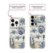 1pc TPU Material Fresh Blue Starfish Shell Seahorse Pattern Phone Case Compatible With Apple 17 Pro Max/17/16 Pro Max/15/13/12/11, S20 FE/A15/S24/A55, Note 11/Note 12/Note 13 Pro, Full Coverage Anti-Drop Soft Protective Phone Cover - White - View 7