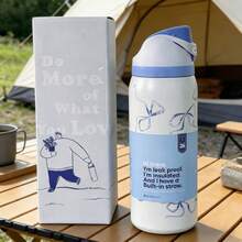 24Oz&32Oz Stainless Steel Insulated Water Bottle With Straw, Portable Coffee Mug Suitable For Hot & Cold Drinks, Fitness And Cycling Water Bottle, Leak-Proof Lid Travel Cup For Camping, Hiking, Driving, Outdoor Activities - 藍色領結 - 查看 4