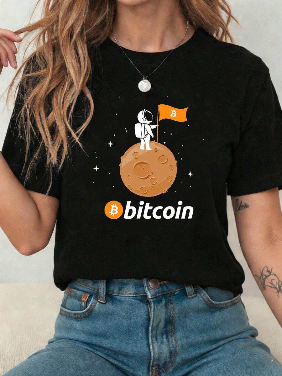 Camisetas Pareja Largas De Vestir Elegantes 100% Algodón Clasicas Negro estilo caricatura Bitcoin astronauta caminando sobre la luna con bandera naranja y estrellas blancas ideal para entusiastas de criptomonedas y tecnologia - Negro - Ver 1