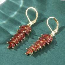 Shiny Red Cubic Zirconia Gold-Tone Luxury Red Leaf Wedding Jewelry Earrings For Women - Gold - View 8