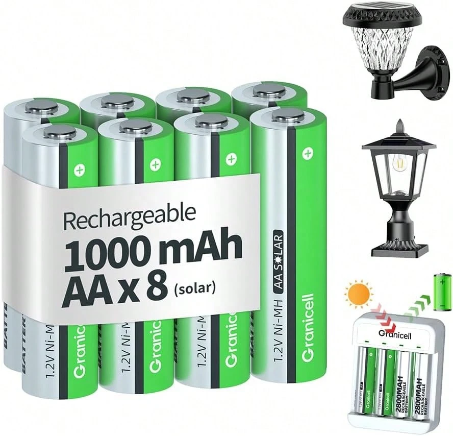 BEVIGOR AA Solar Rechargeable Batteries (8-Pack) 1000mAh 1.2V Ni-MH Pre-Charged For Solar String And Garden Lights - View 1