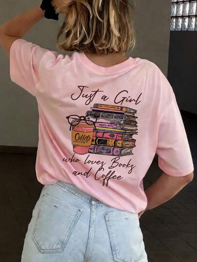 Nueva camiseta de manga corta rosa con cuello redondo para mujer, con estampado gráfico de letras, café y libros de colores, de estilo simple y colorido. Prenda de vestir versátil y de moda, adecuada para uso diario, vacaciones casuales y primavera.