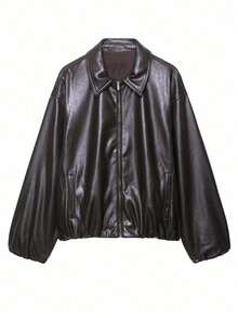 Áo khoác giả da dài tay có khóa kéo dành cho nữ mùa xuân/thu, áo khoác ngắn thời trang thường ngày mới. - màu nâu - Xem 3