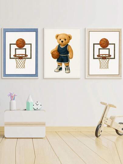 1pc Canvas Wall Art - Baby Goods - Vintage Basketball Teddy Bear Wall Art, Suitable For Nursery And Neutral Boys' Room Decor. Features A Retro Sports Bear Motif, Framed And Mounted For Nursery Wall Art.